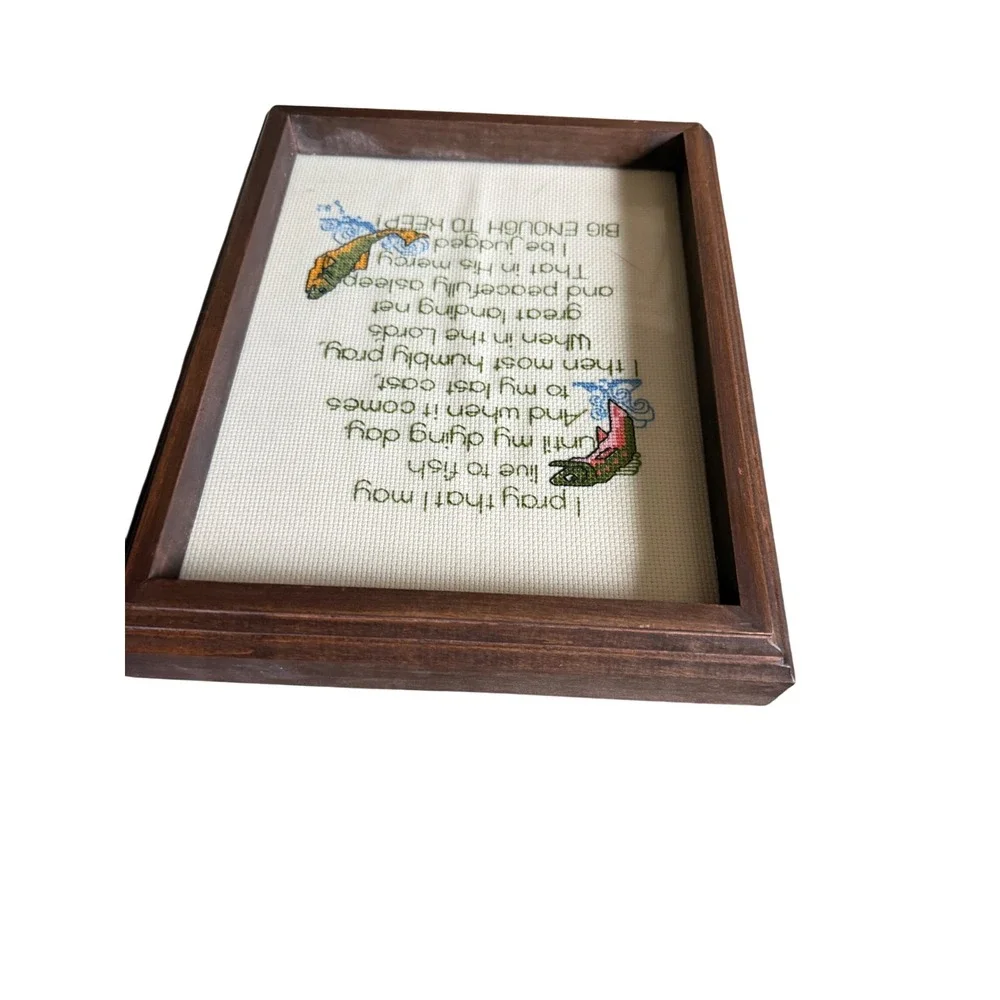 Vintage 1982 Fisherman's Prayer Cross Stitch Framed Art Trout Fishing Decor 8x10